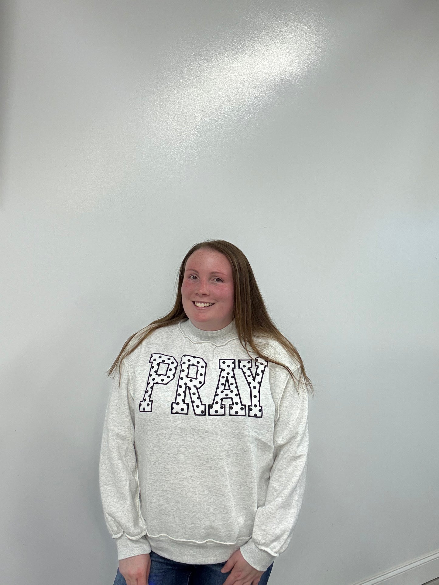Pray Polka Dot Embroidered Mock Neck Sweatshirt