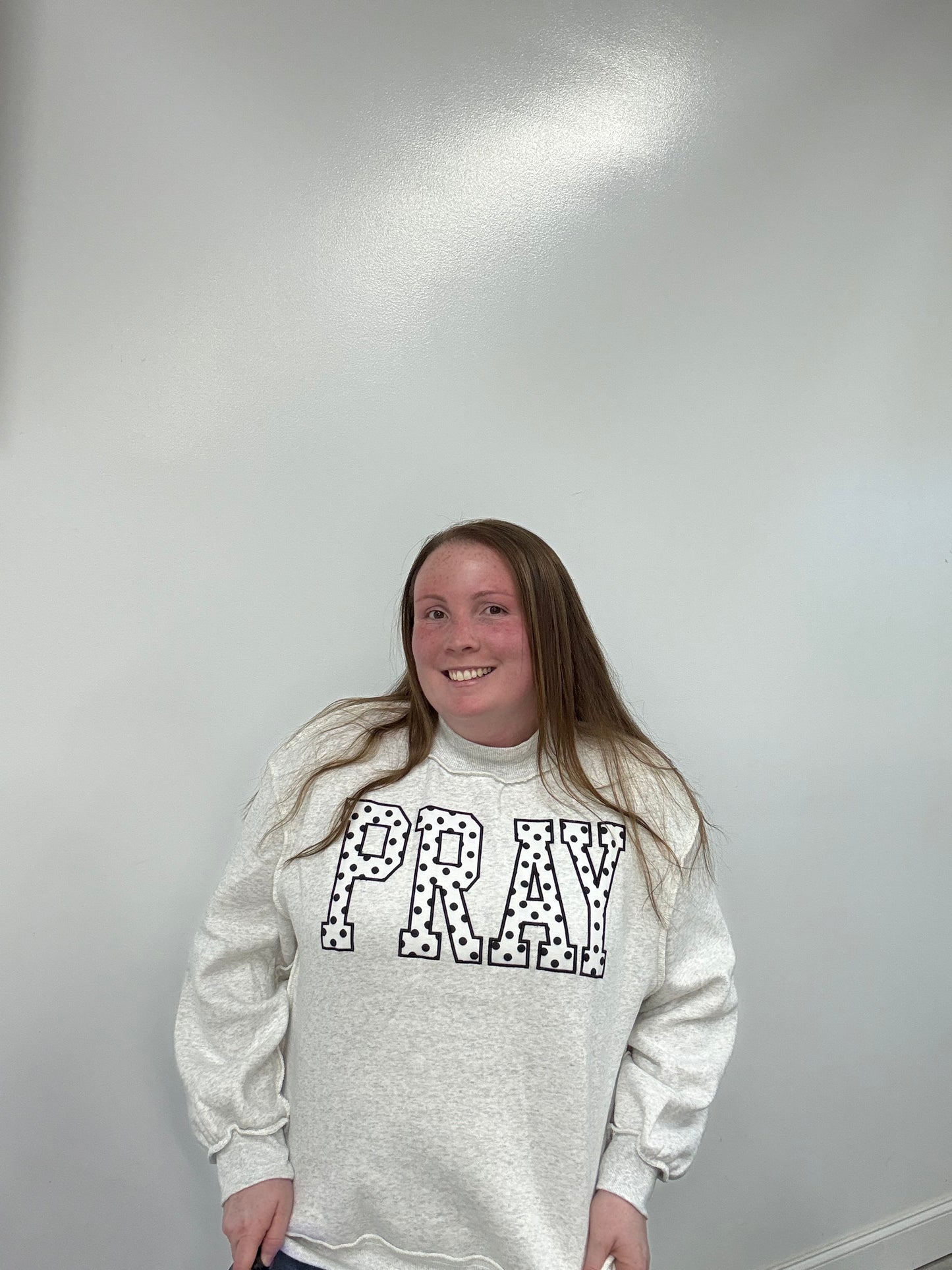 Pray Polka Dot Embroidered Mock Neck Sweatshirt