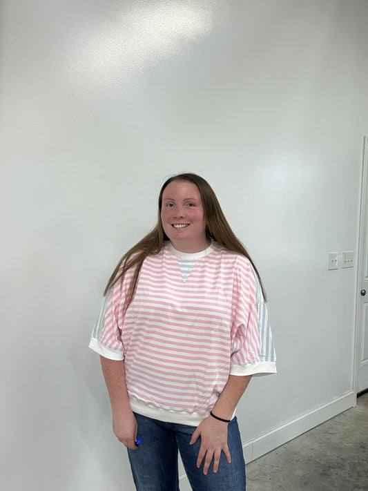 Pink & Blue Oversized Striped Tee